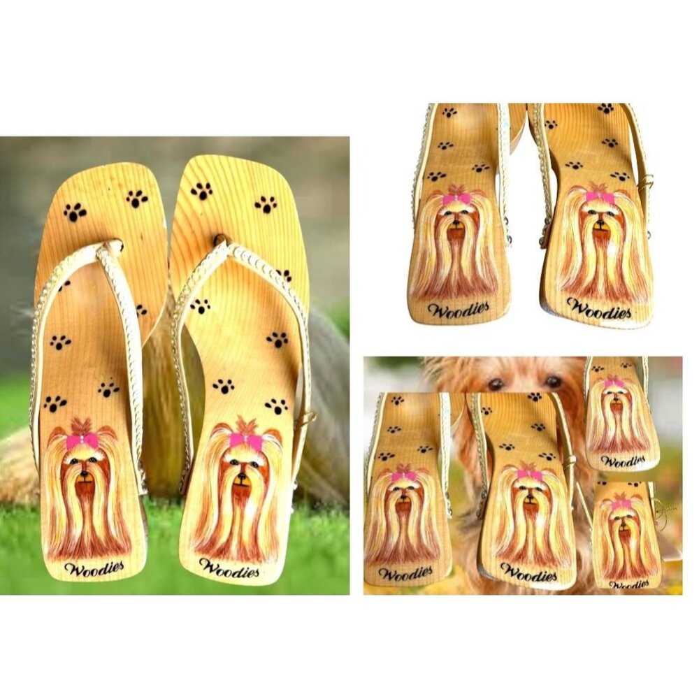 Woodies Yorkie Sandals Size 6 Heels Paw Print Throngs Long Hair Dog Pet READ